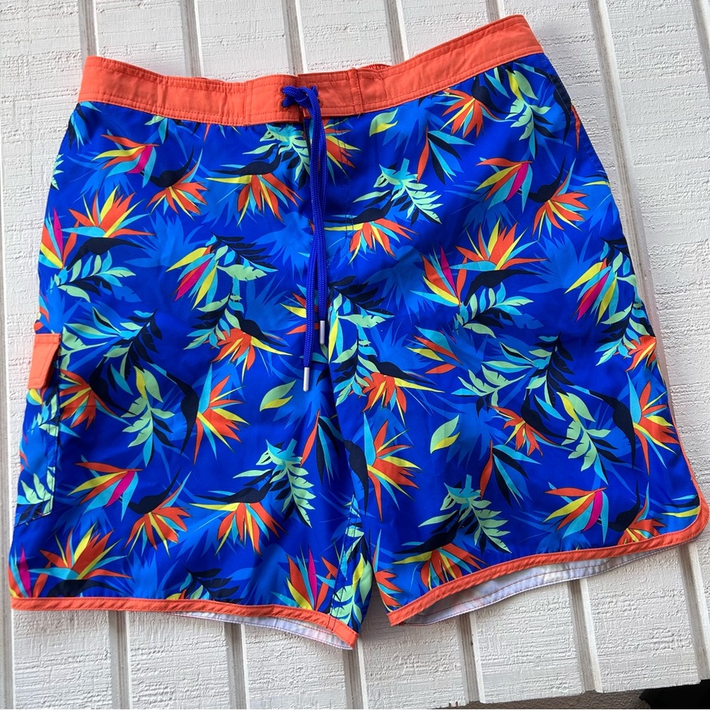 Lands’ End Men’s Board Shorts “Electric Blue Tropical” Hook & Loop Fly‎ L 36-38